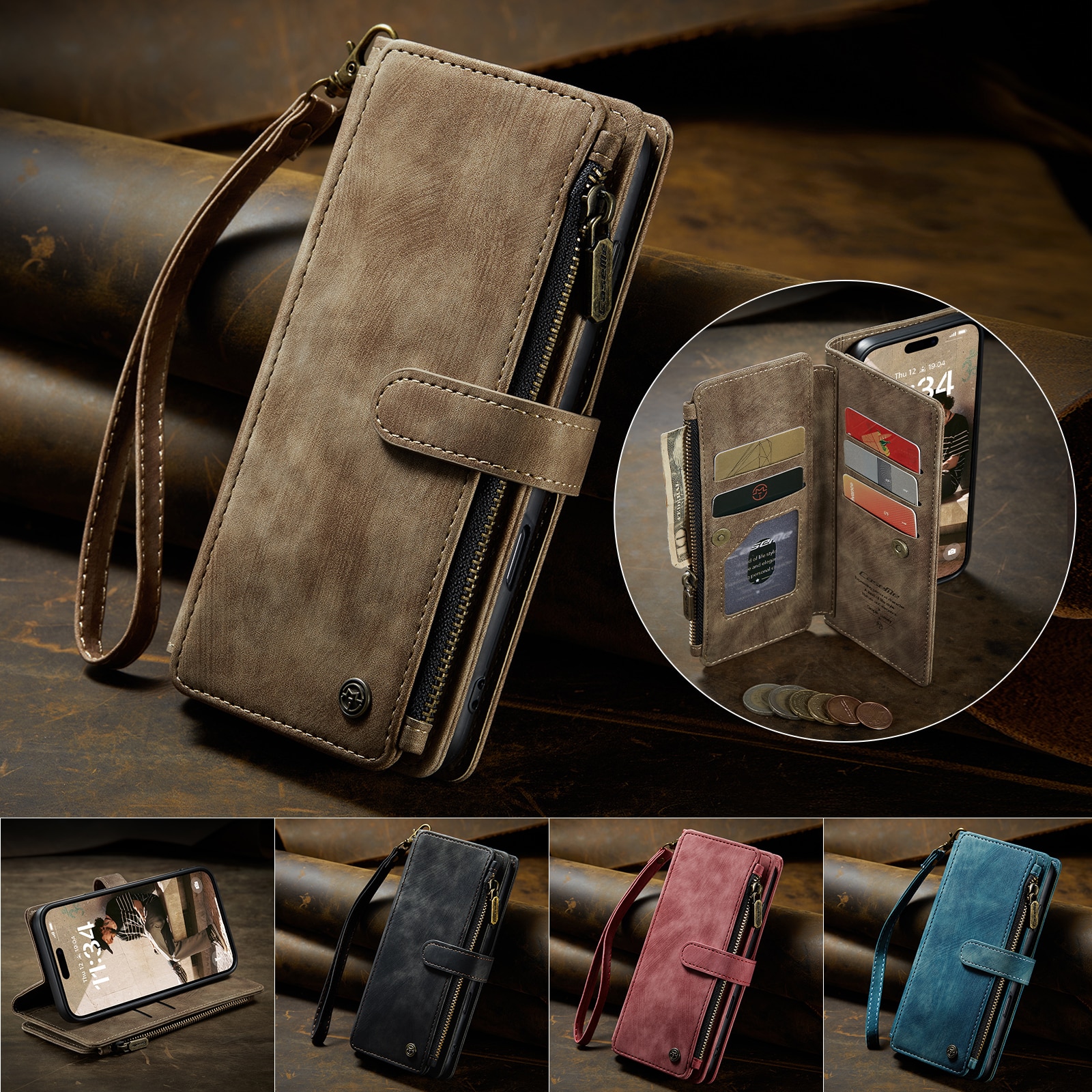 iPhone 17 Zipper Wallet Book Cover Brown