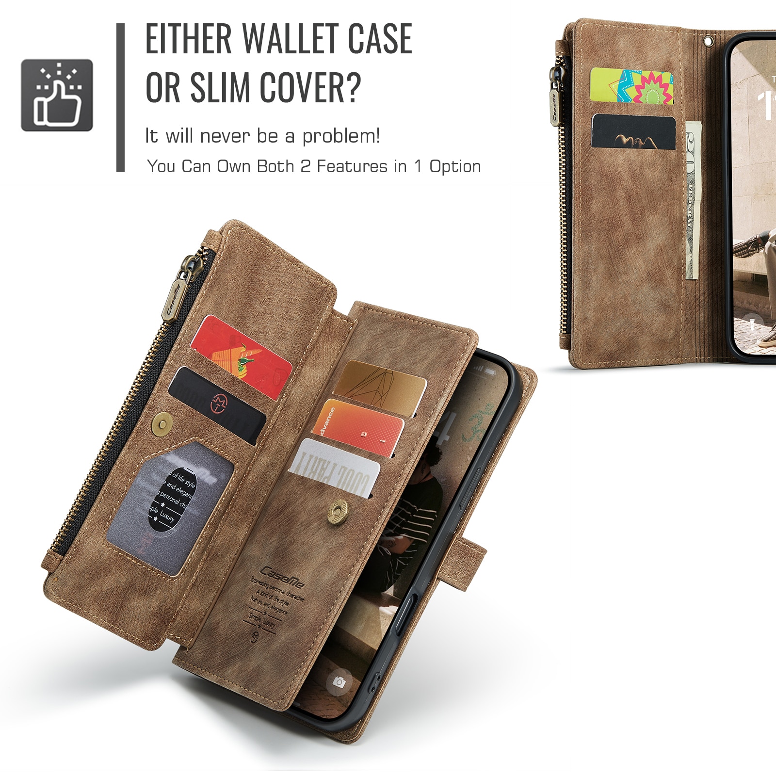 iPhone 17 Zipper Wallet Book Cover Brown