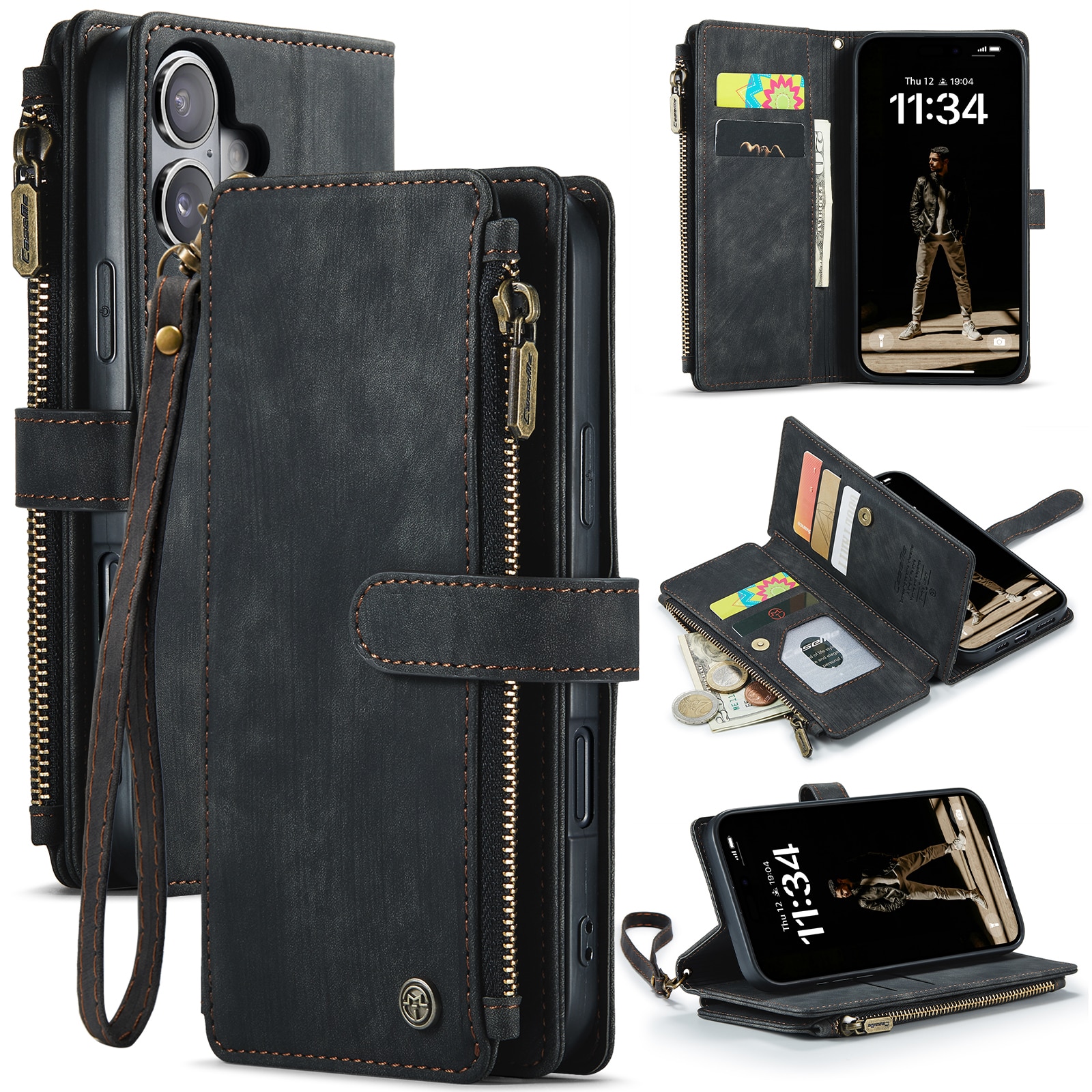 iPhone 17 Zipper Wallet Book Cover Black