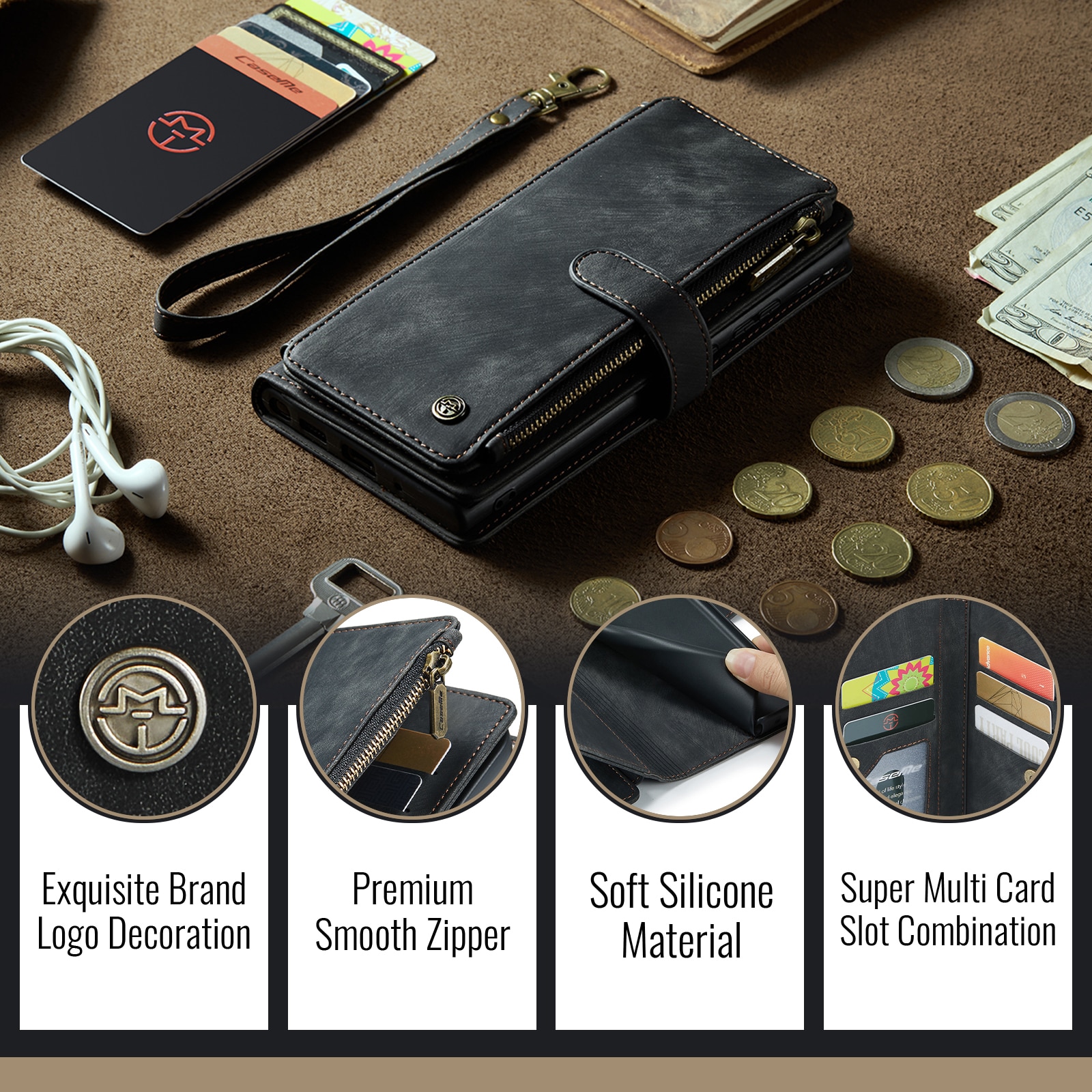 iPhone 17 Zipper Wallet Book Cover Black