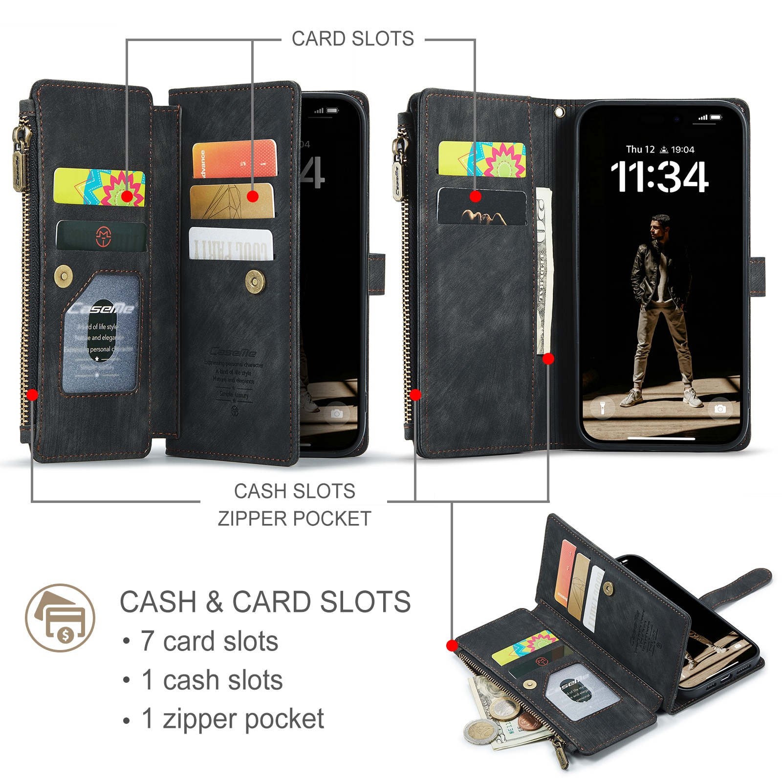 iPhone 17 Zipper Wallet Book Cover Black