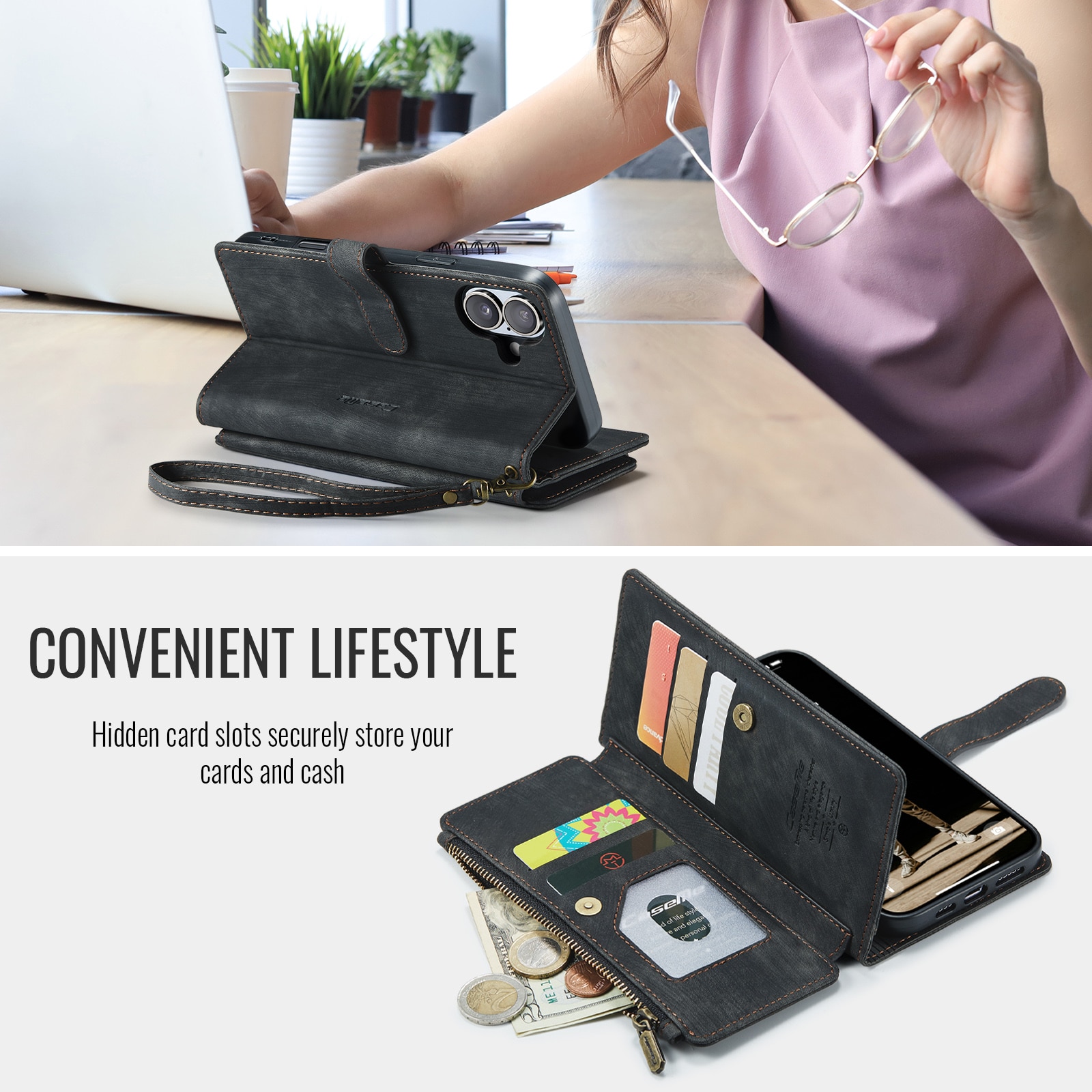 iPhone 17 Zipper Wallet Book Cover Black