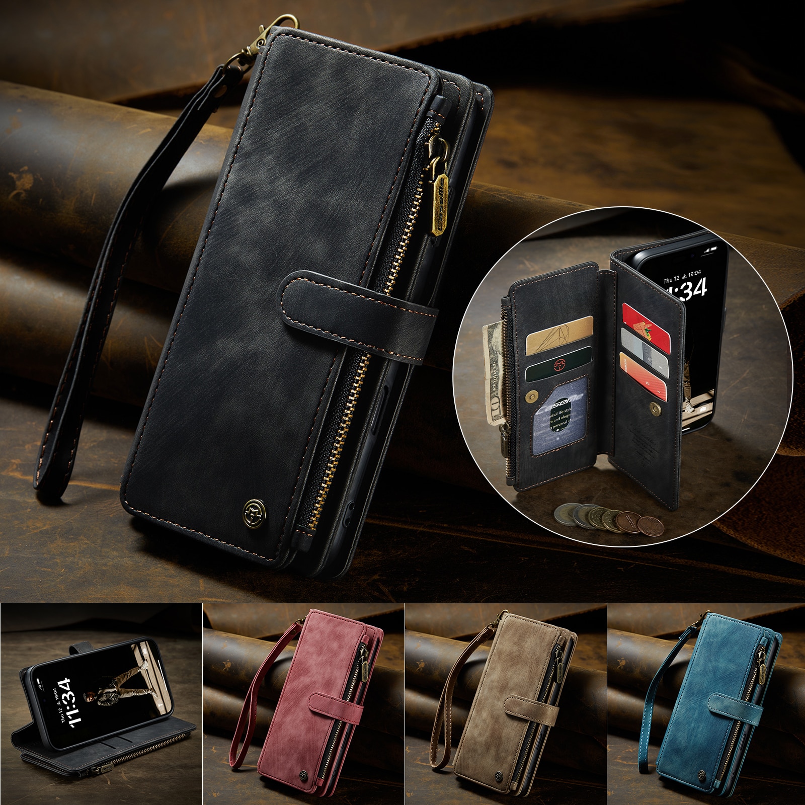 iPhone 17 Zipper Wallet Book Cover Black