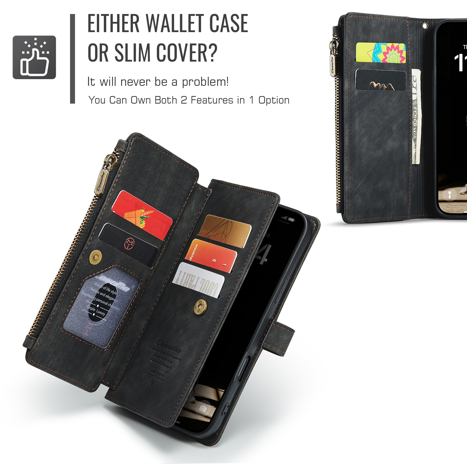 iPhone 17 Zipper Wallet Book Cover Black