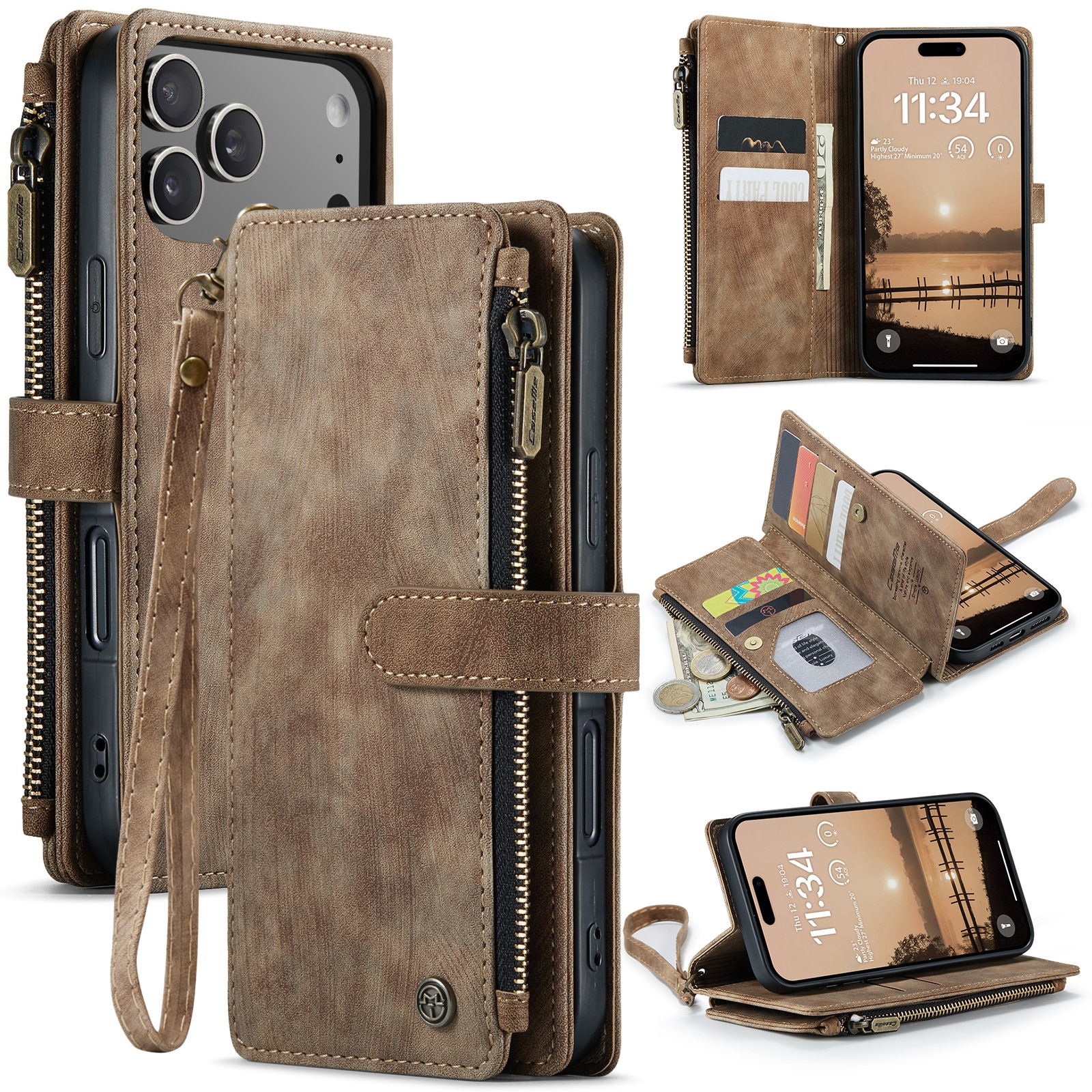 iPhone 17 Pro Zipper Wallet Book Cover Brown