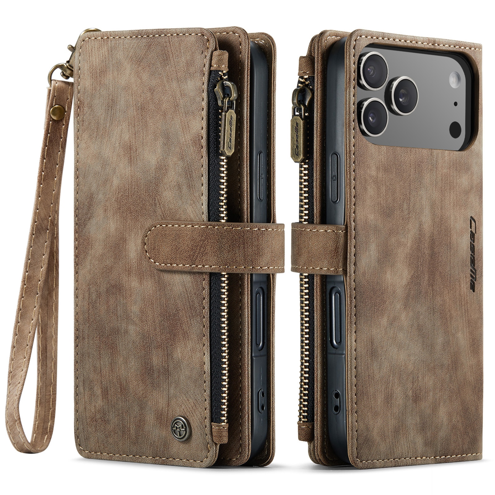 iPhone 17 Pro Zipper Wallet Book Cover Brown