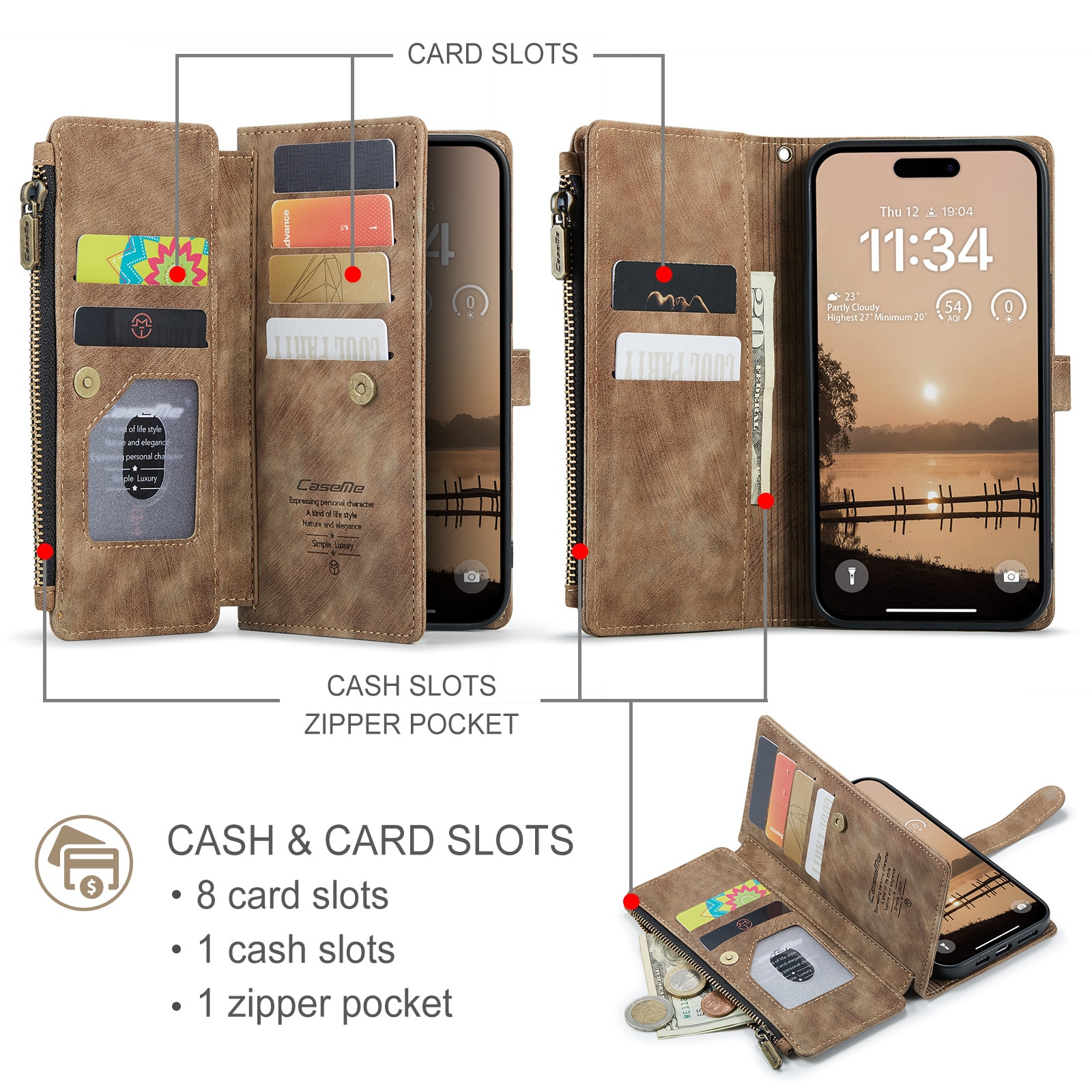 iPhone 17 Pro Zipper Wallet Book Cover Brown