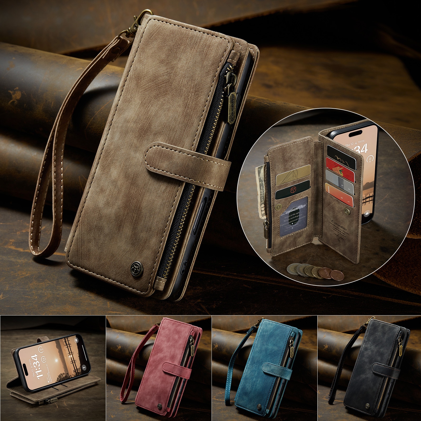 iPhone 17 Pro Zipper Wallet Book Cover Brown