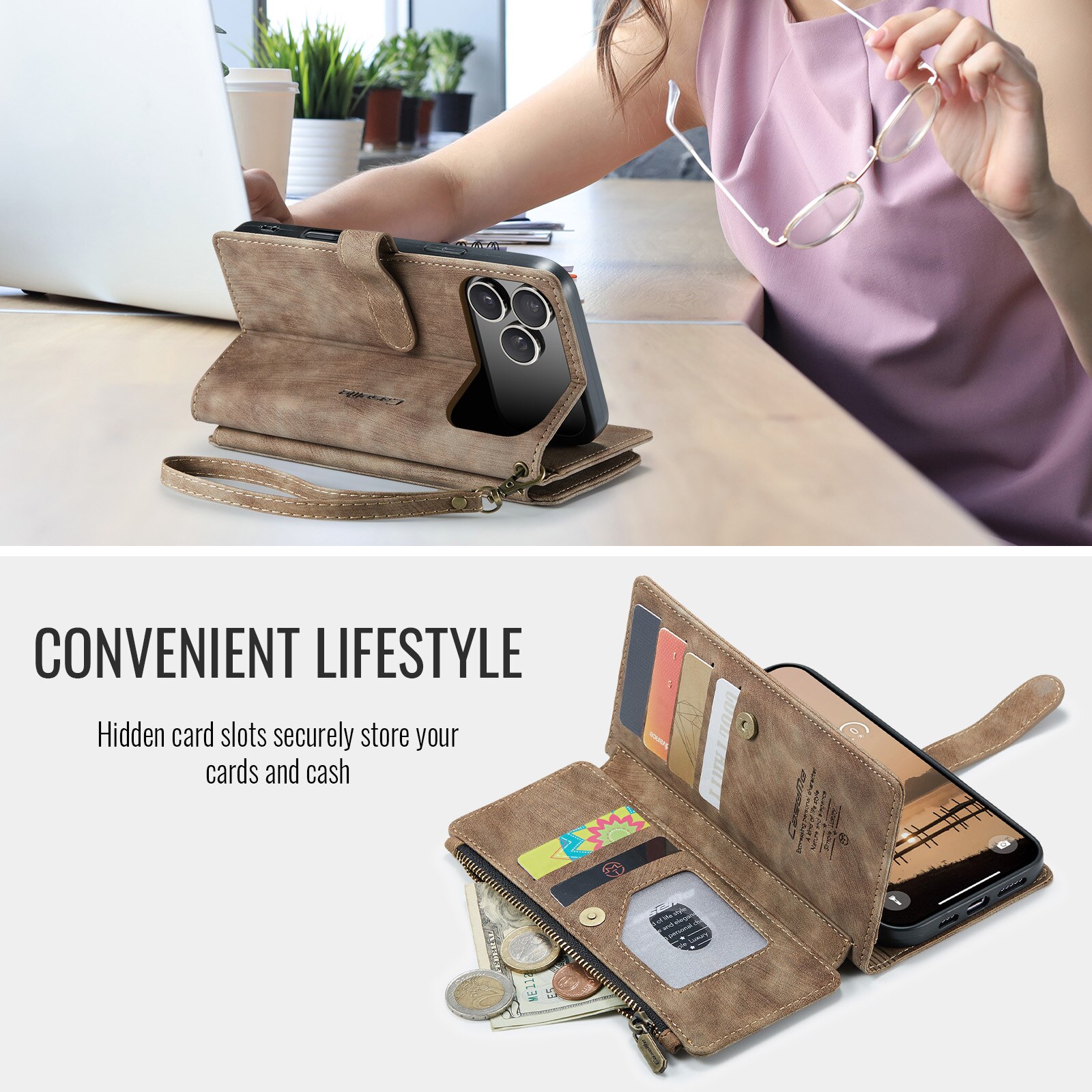 iPhone 17 Pro Zipper Wallet Book Cover Brown