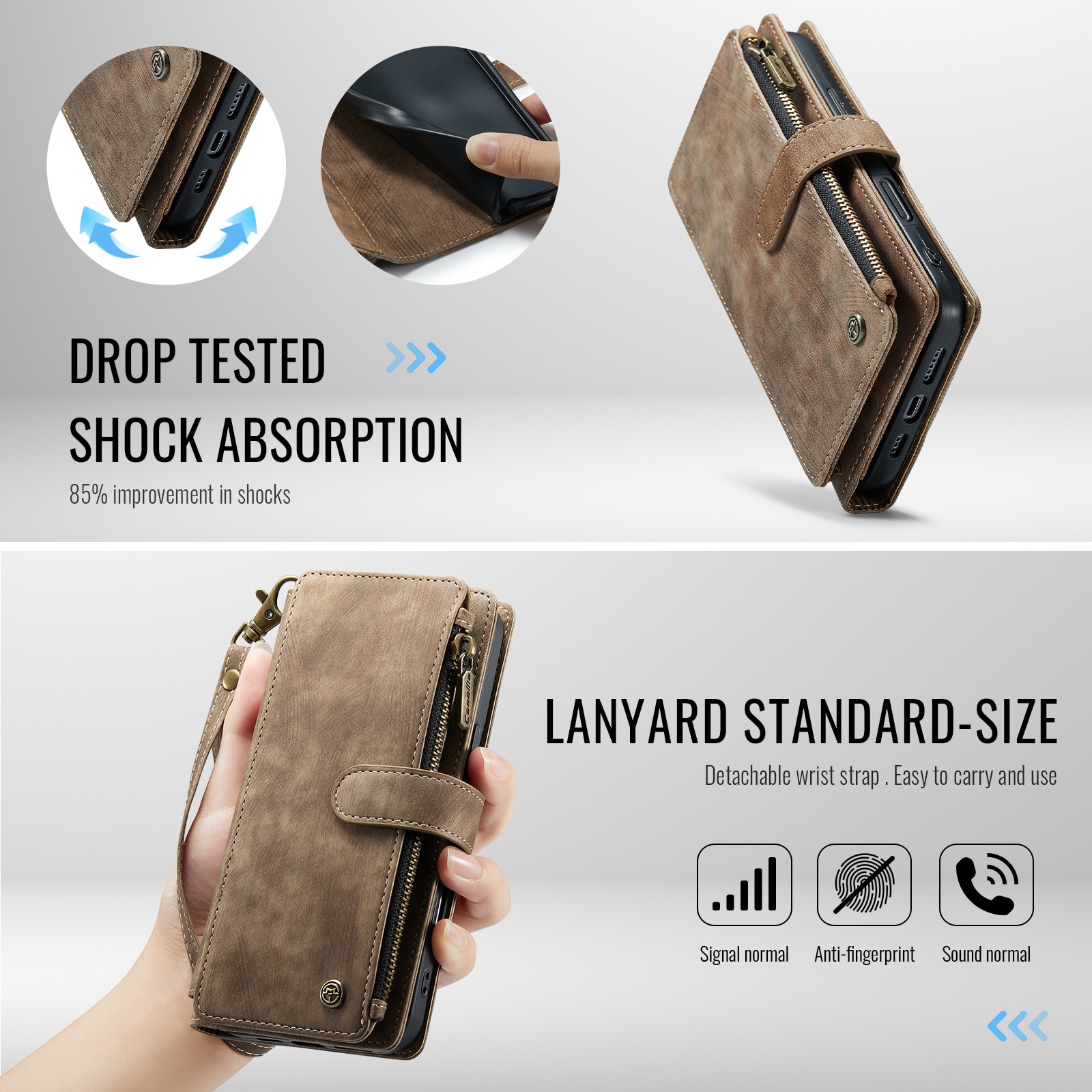 iPhone 17 Pro Zipper Wallet Book Cover Brown