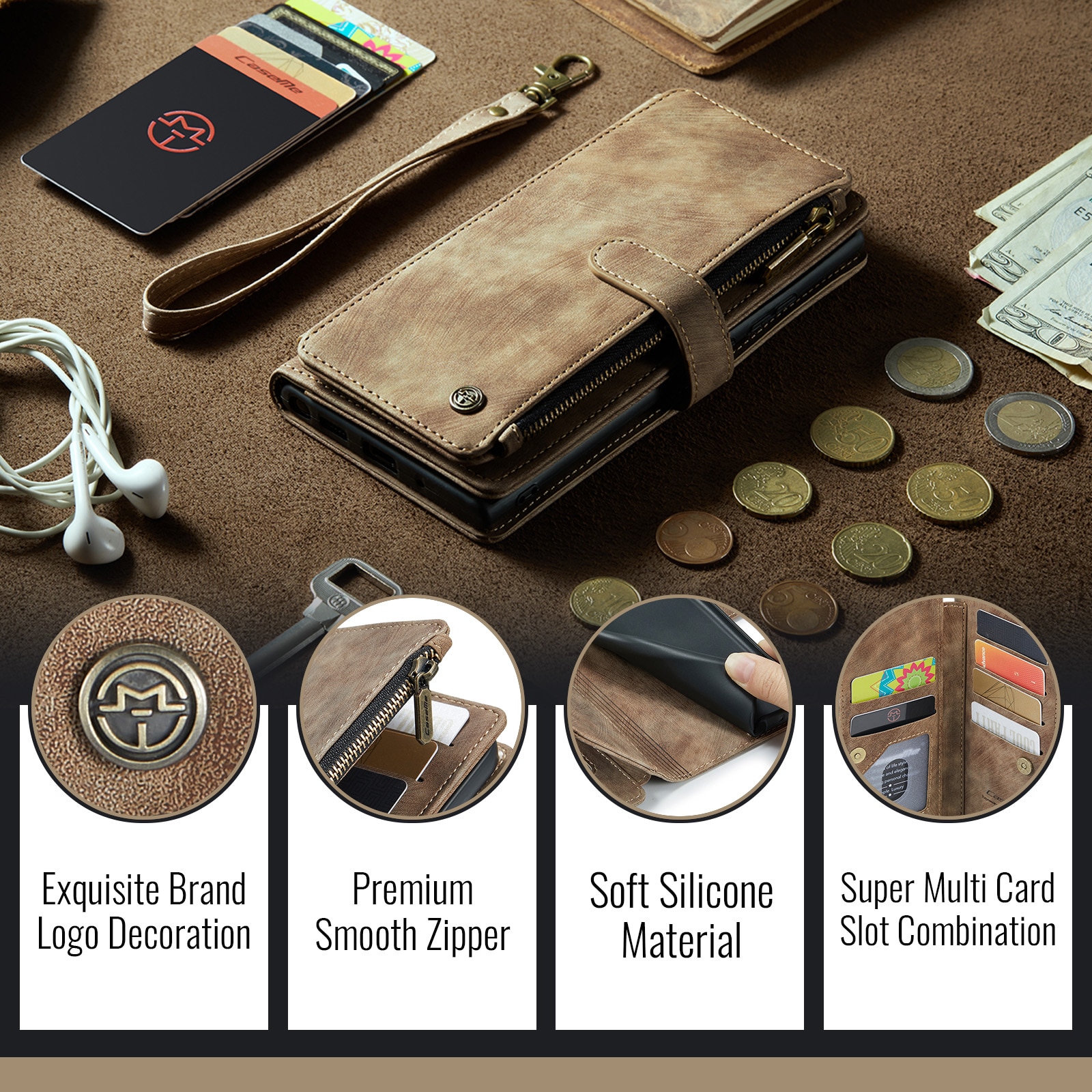 iPhone 17 Pro Zipper Wallet Book Cover Brown
