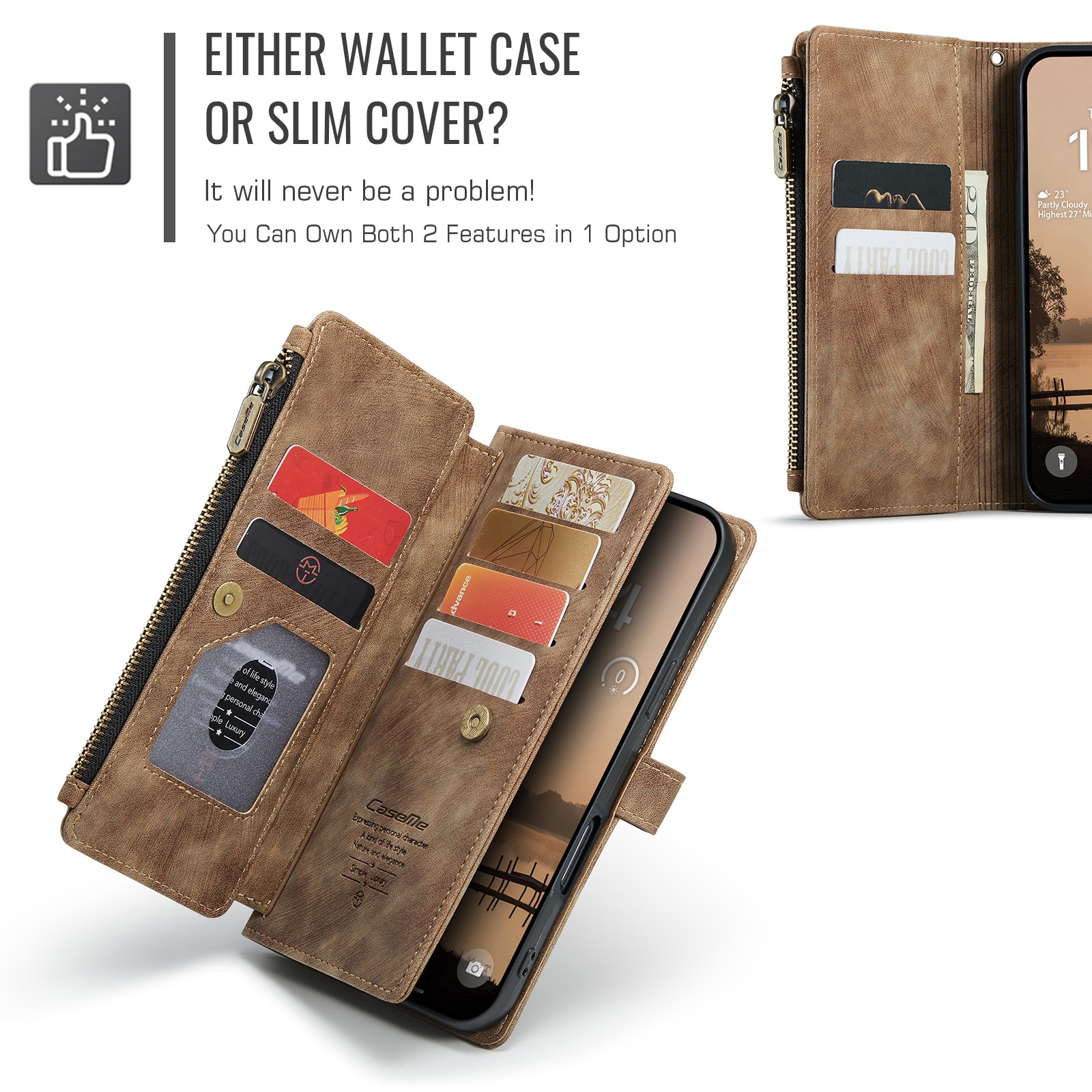 iPhone 17 Pro Zipper Wallet Book Cover Brown