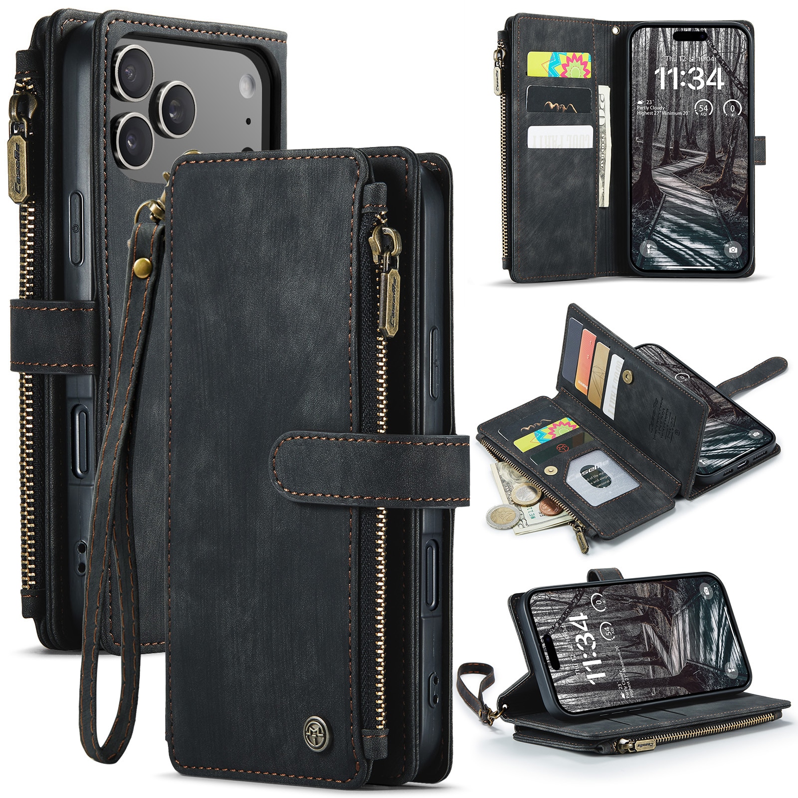 iPhone 17 Pro Max Zipper Wallet Book Cover Black