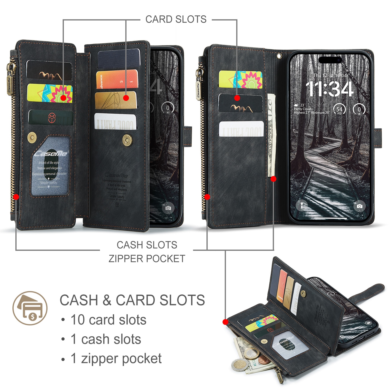 iPhone 17 Pro Max Zipper Wallet Book Cover Black