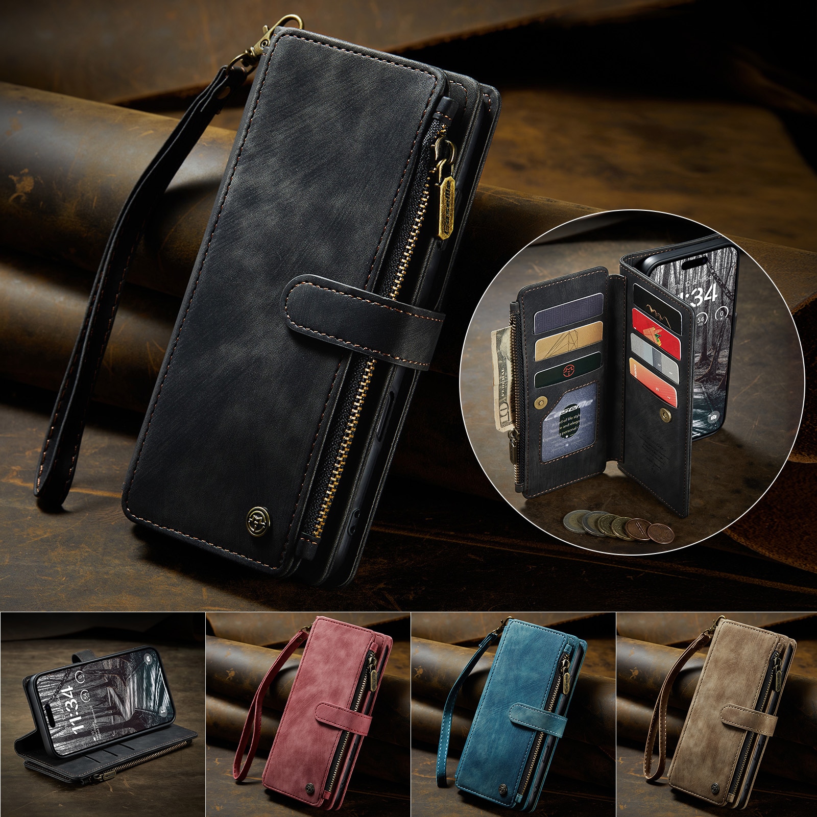 iPhone 17 Pro Max Zipper Wallet Book Cover Black