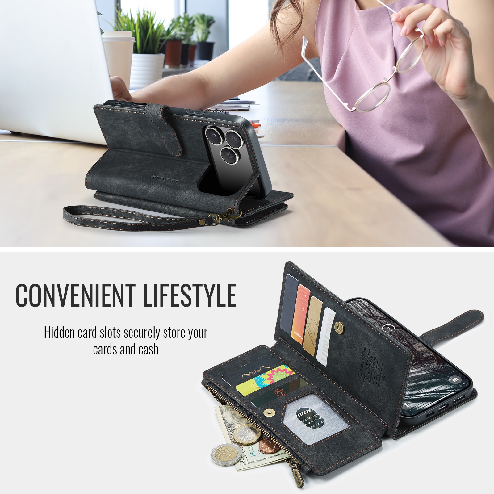 iPhone 17 Pro Max Zipper Wallet Book Cover Black