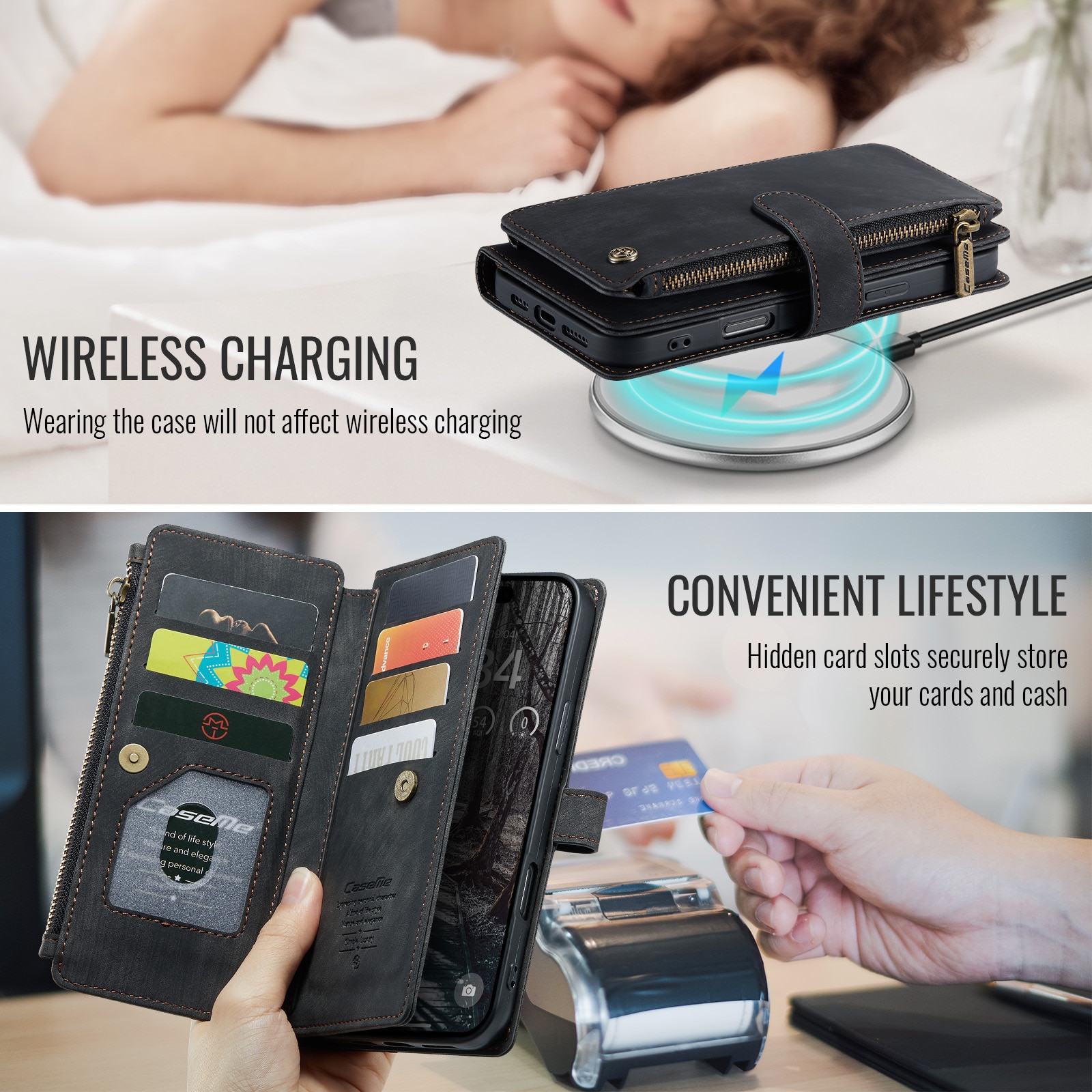 iPhone 17 Pro Max Zipper Wallet Book Cover Black