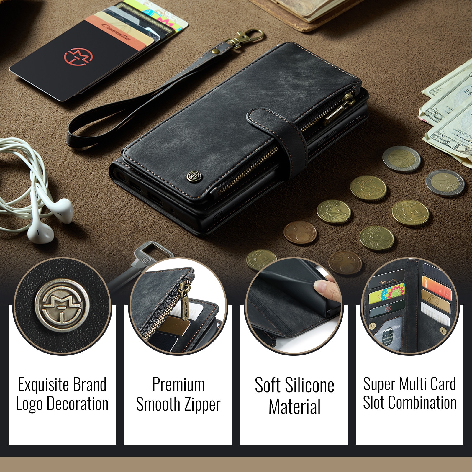 iPhone 17 Pro Max Zipper Wallet Book Cover Black