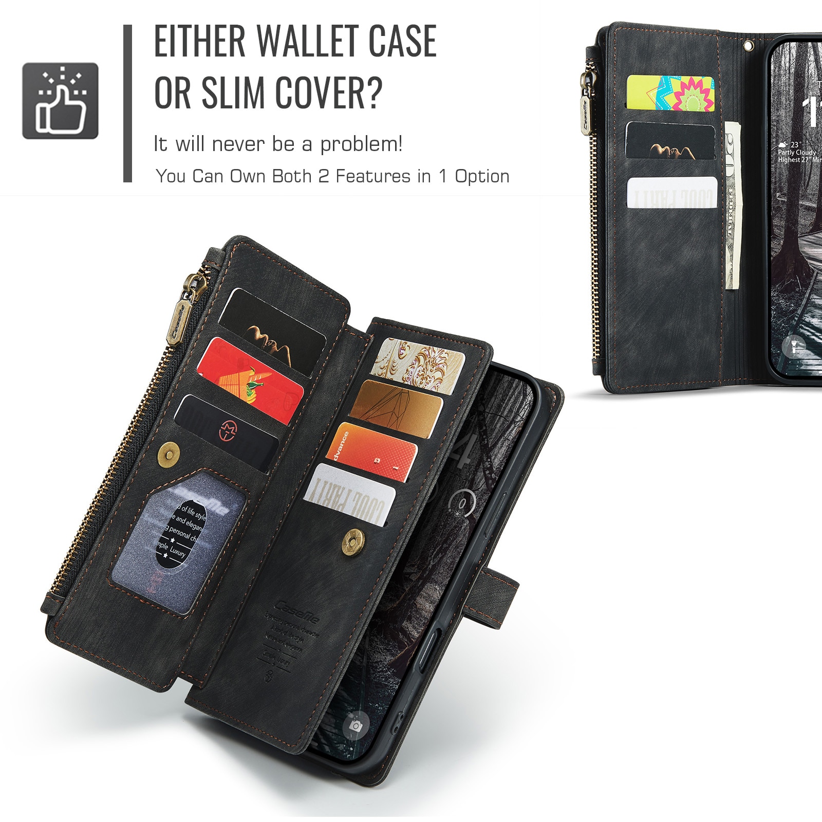 iPhone 17 Pro Max Zipper Wallet Book Cover Black