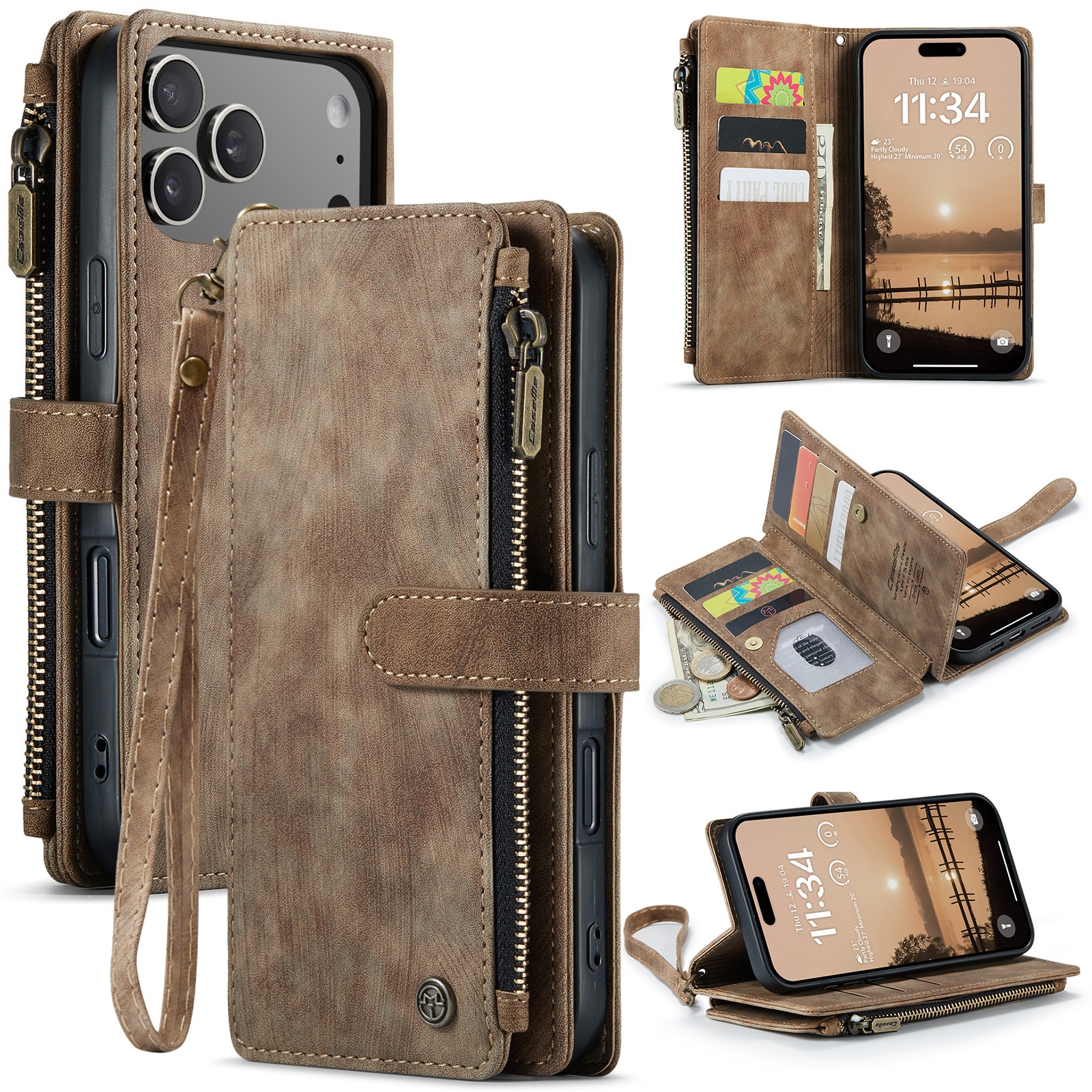 iPhone 17 Pro Max Zipper Wallet Book Cover Brown