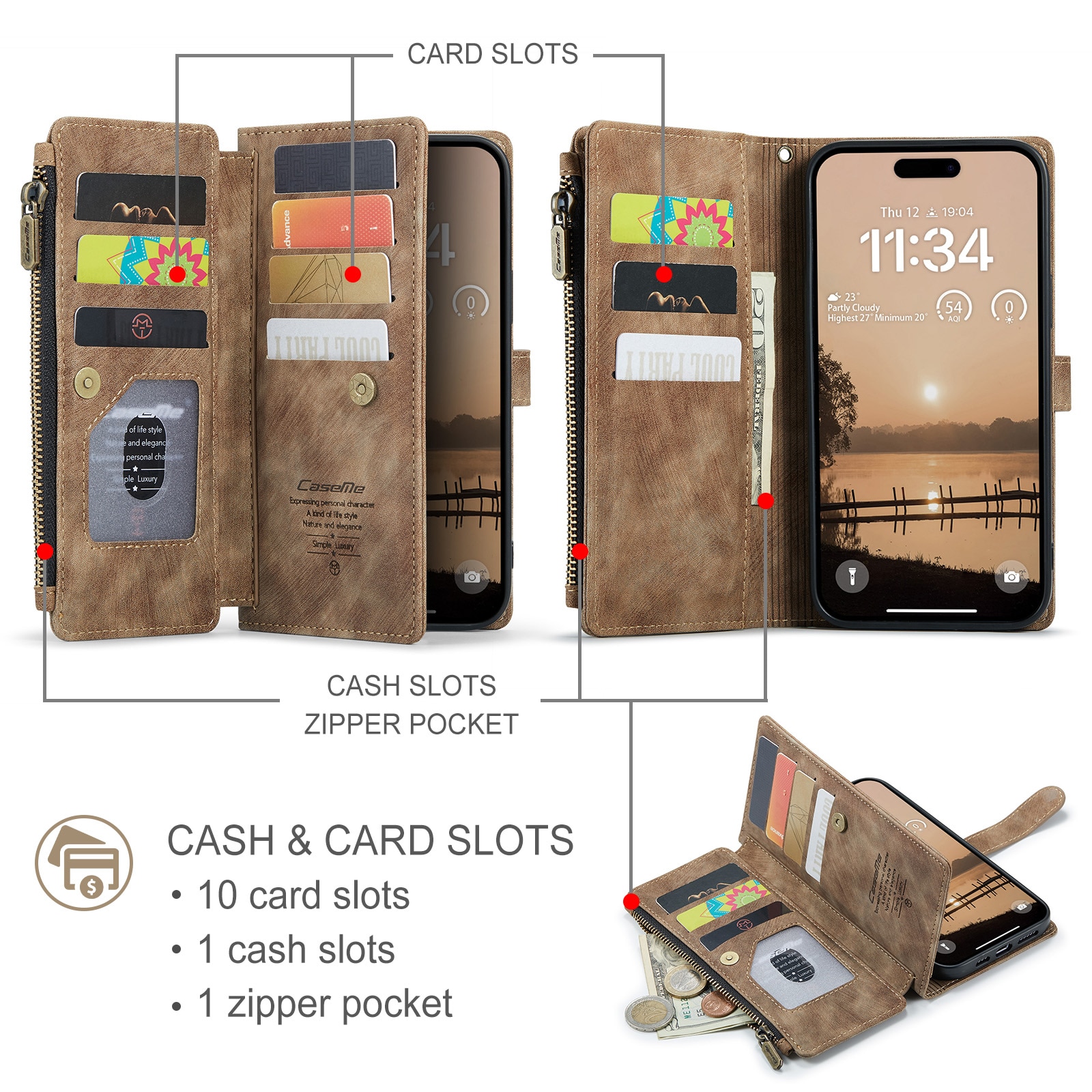 iPhone 17 Pro Max Zipper Wallet Book Cover Brown