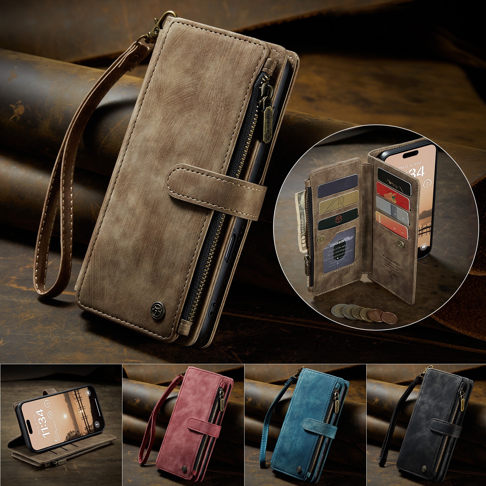 iPhone 17 Pro Max Zipper Wallet Book Cover Brown