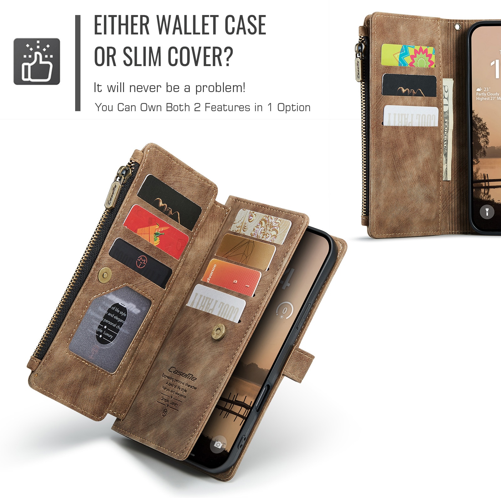 iPhone 17 Pro Max Zipper Wallet Book Cover Brown