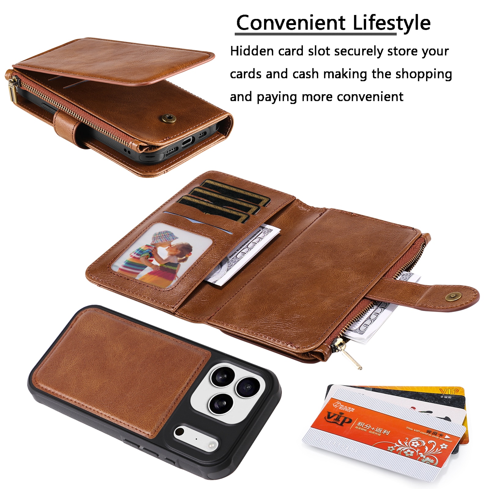 iPhone 17 Pro Magnet Leather Multi Wallet Brown