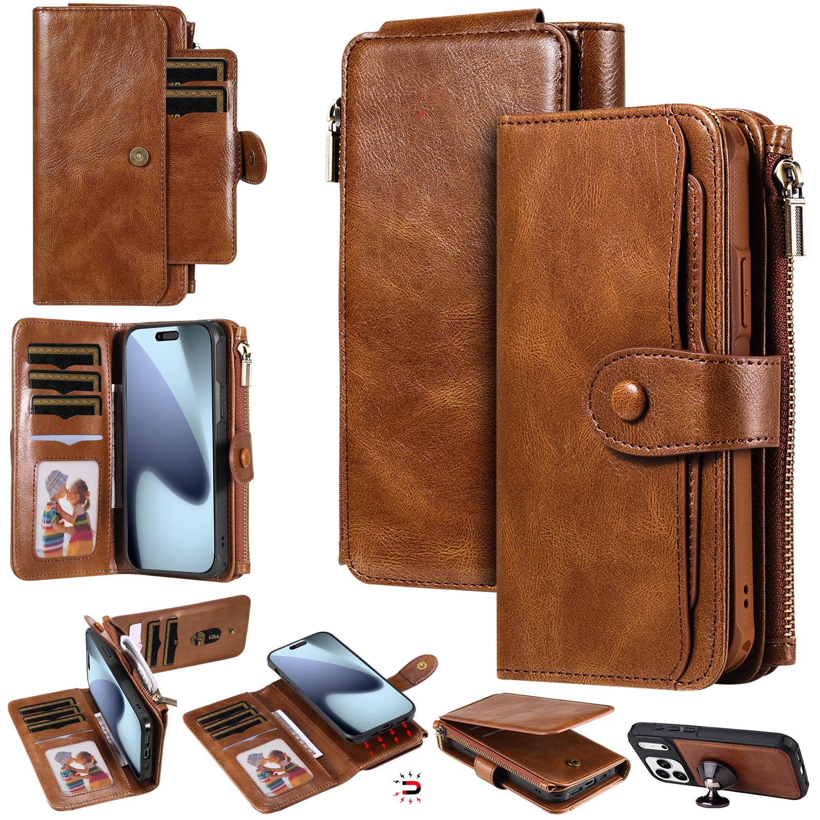 iPhone 17 Pro Max Magnet Leather Multi Wallet Brown