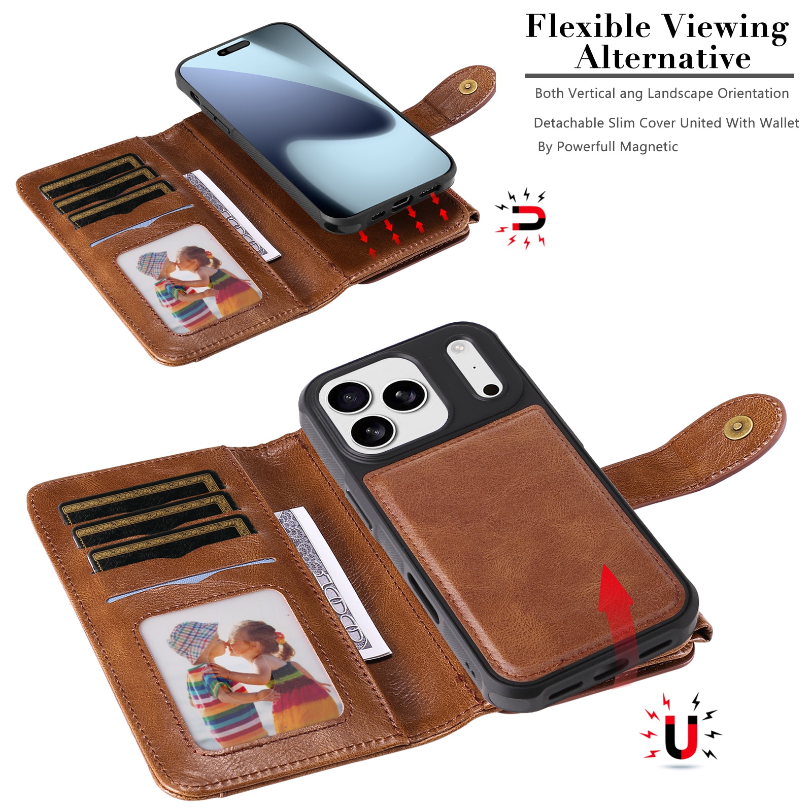 iPhone 17 Pro Max Magnet Leather Multi Wallet Brown