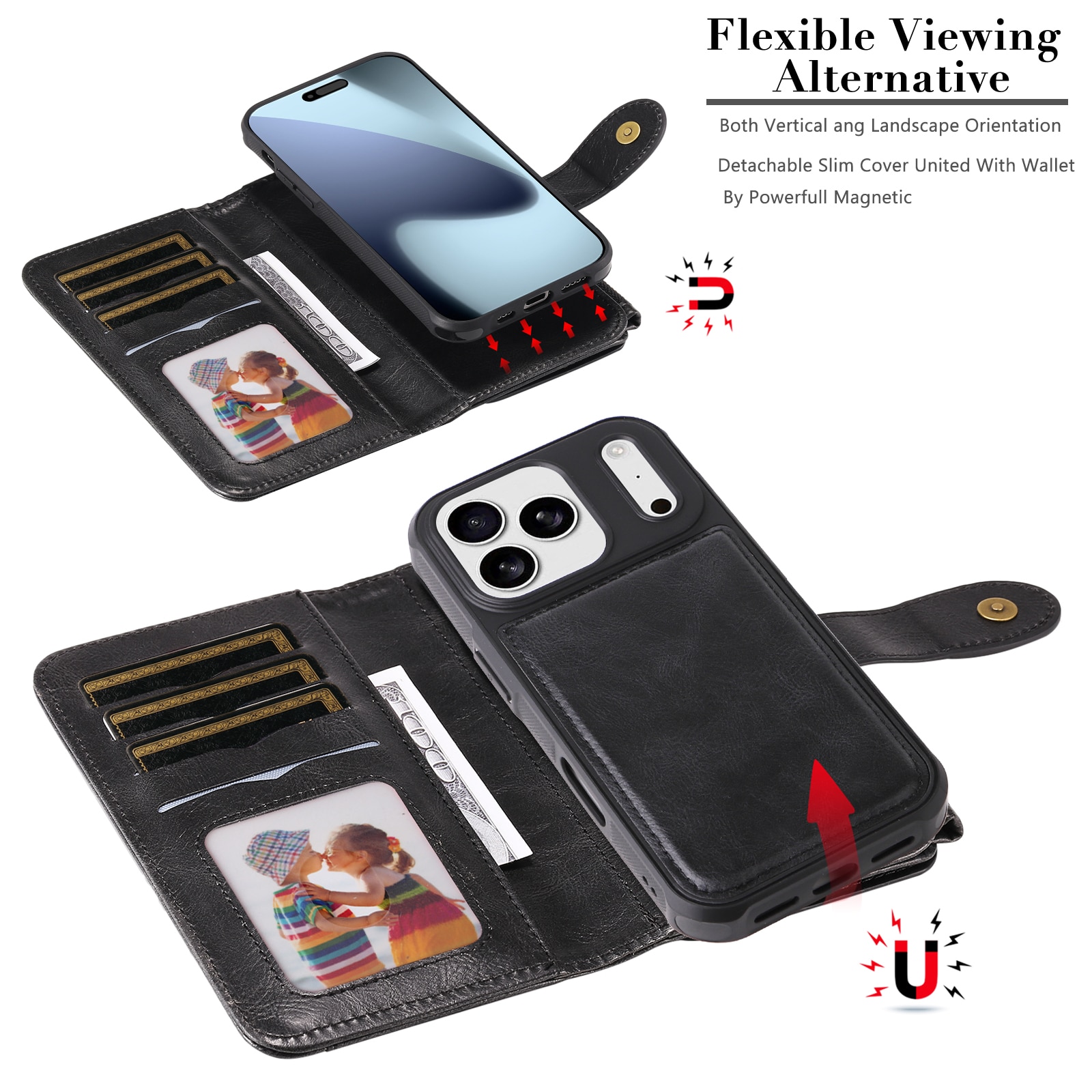 iPhone 17 Pro Max Magnet Leather Multi Wallet Black