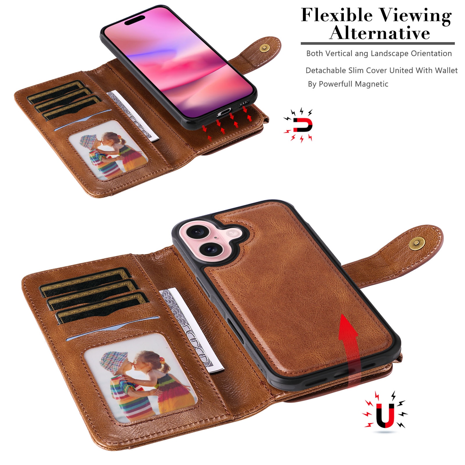 iPhone 17 Magnet Leather Multi Wallet Brown