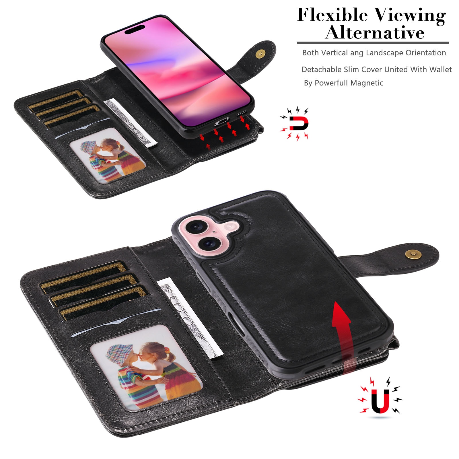 iPhone 17 Magnet Leather Multi Wallet Black