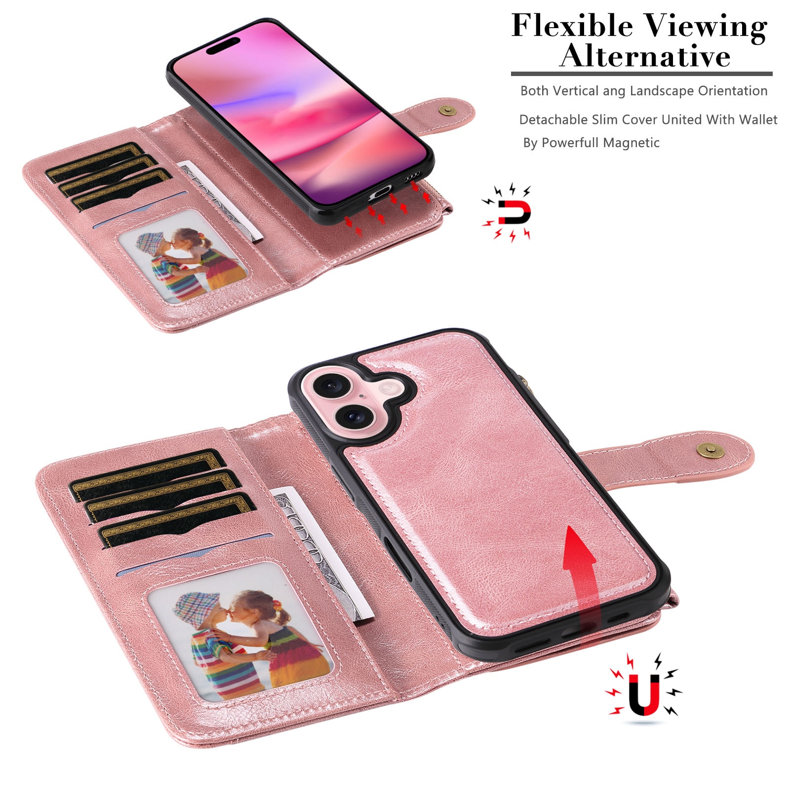 iPhone 17 Magnet Leather Multi Wallet Pink