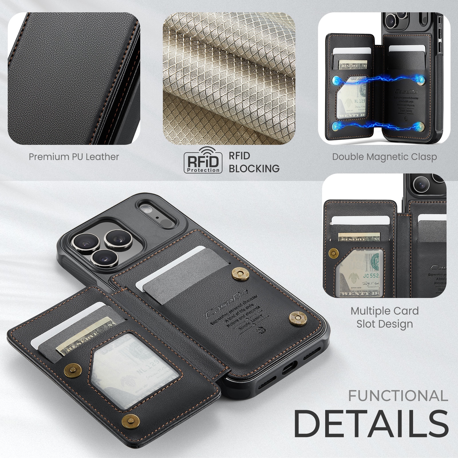 iPhone 17 Pro RFID blocking Wallet Cover Black