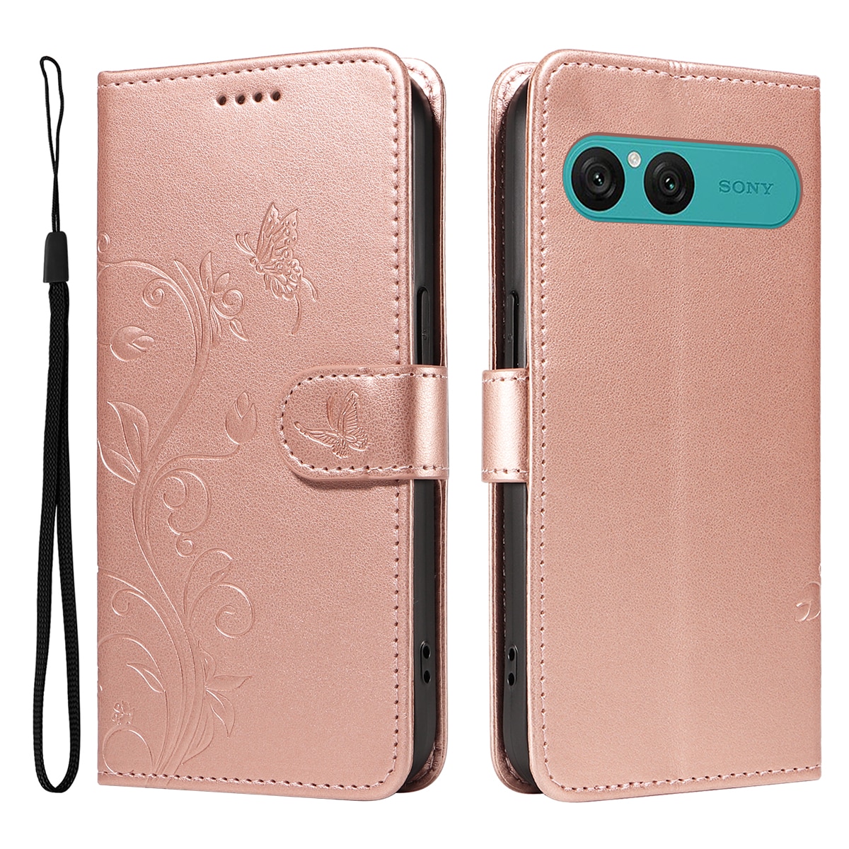 Sony Xperia 10 VII Leather Cover Imprinted Butterflies Rose Gold