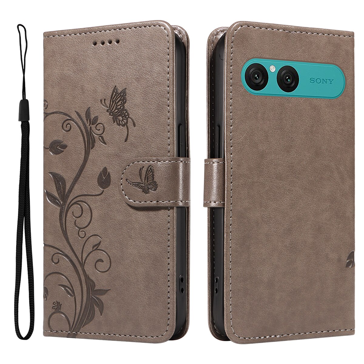 Sony Xperia 10 VII Leather Cover Imprinted Butterflies Grey