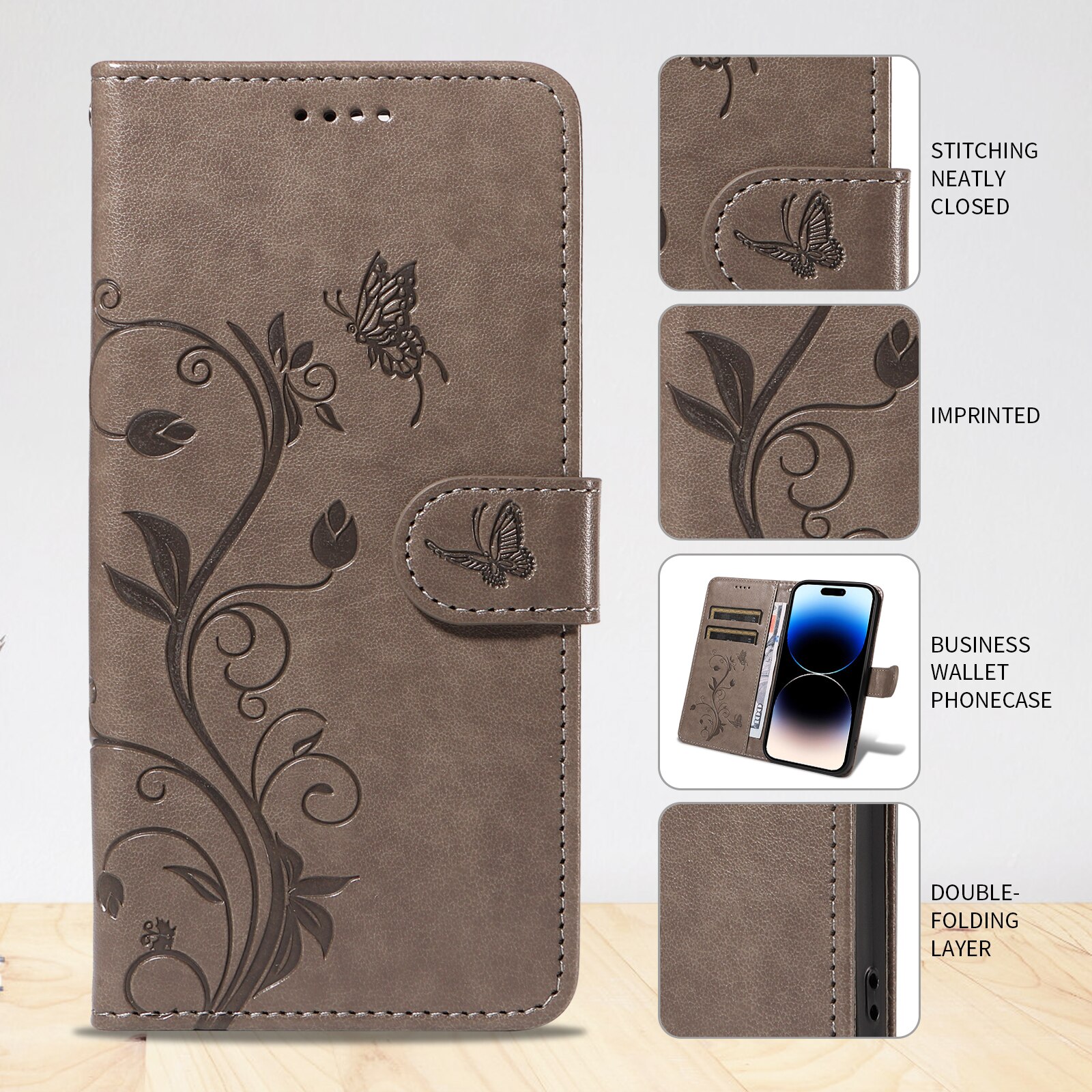 Sony Xperia 10 VII Leather Cover Imprinted Butterflies Grey