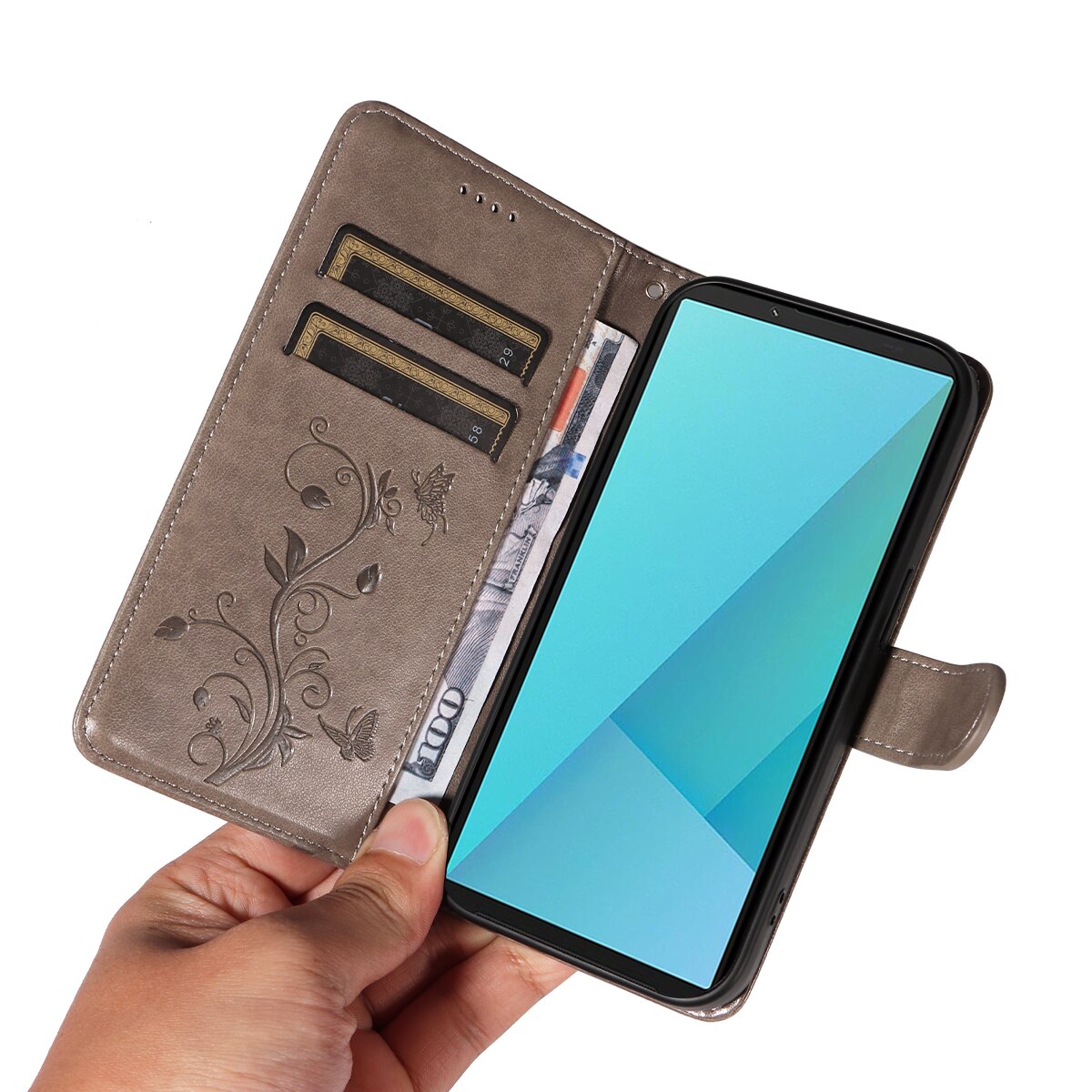 Sony Xperia 10 VII Leather Cover Imprinted Butterflies Grey