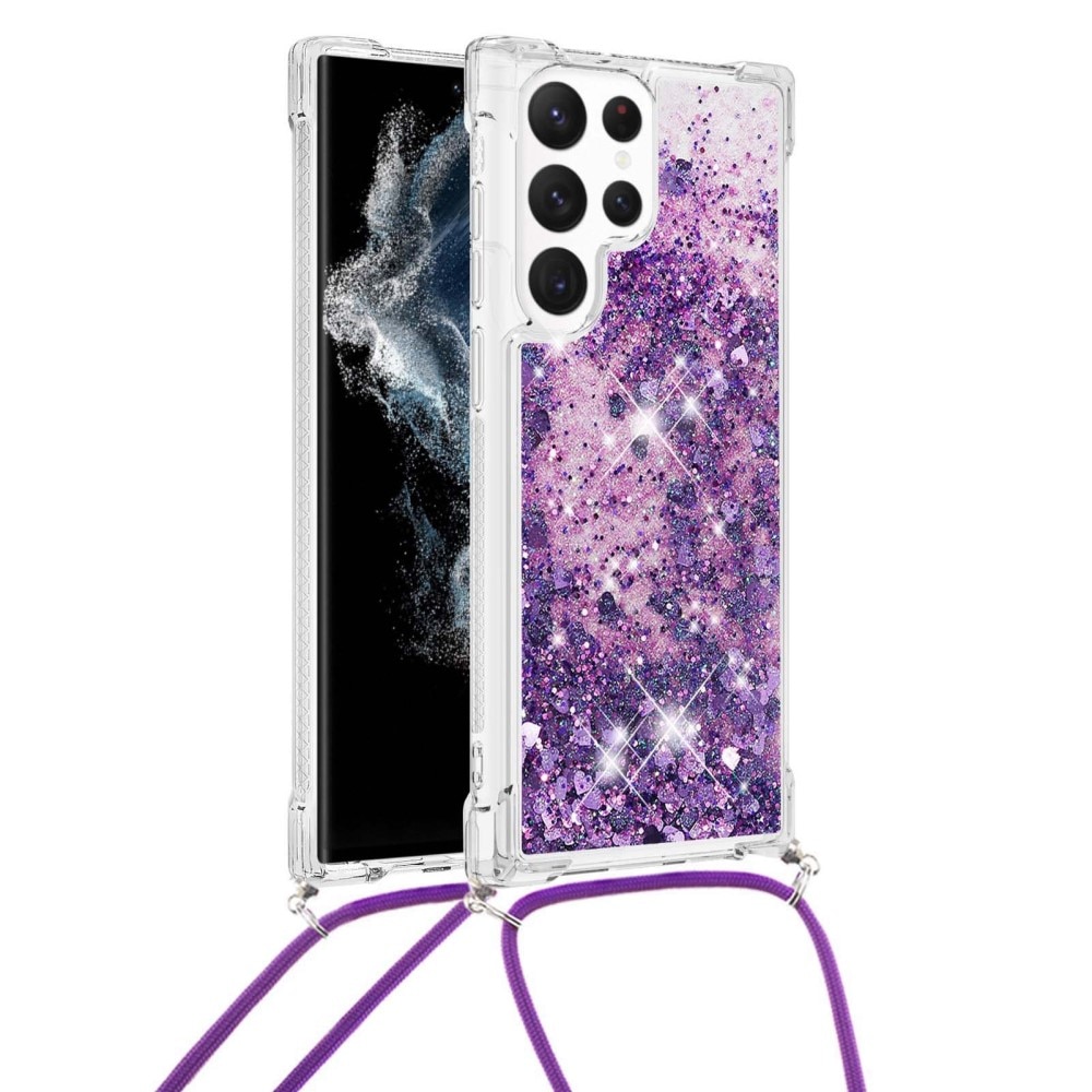 Samsung Galaxy S23 Ultra Glitter Powder TPU Cover Neck Strap Purple