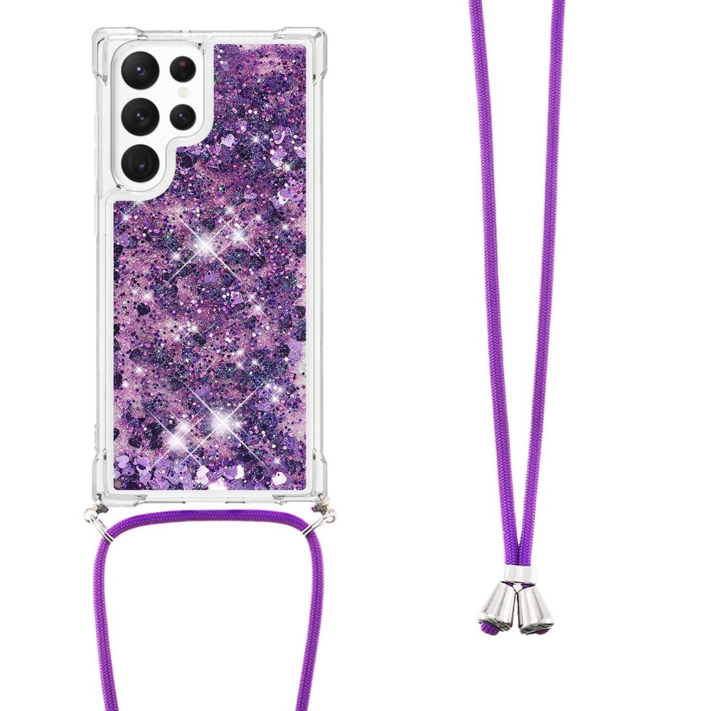 Samsung Galaxy S23 Ultra Glitter Powder TPU Cover Neck Strap Purple