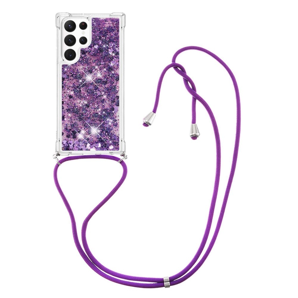 Samsung Galaxy S23 Ultra Glitter Powder TPU Cover Neck Strap Purple