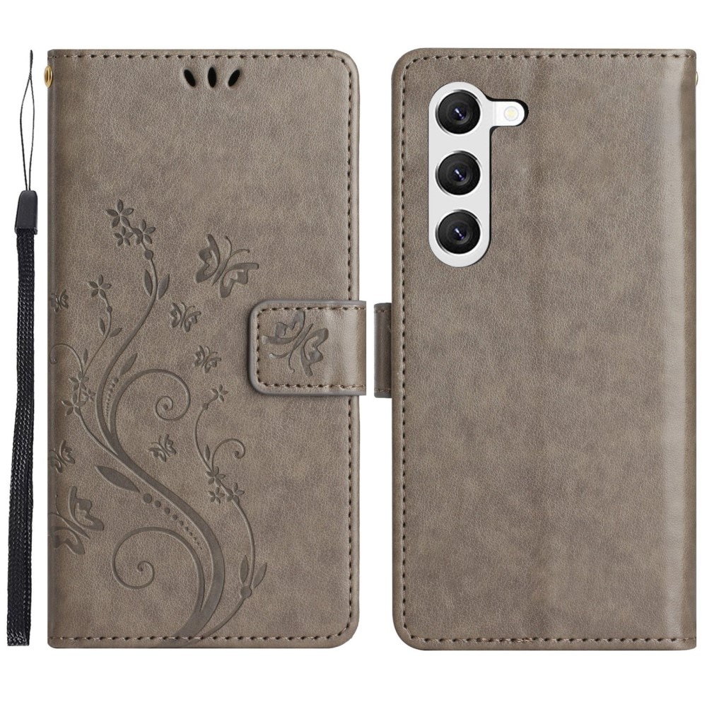 Samsung Galaxy S23 Leather Cover Imprinted Butterflies Grey