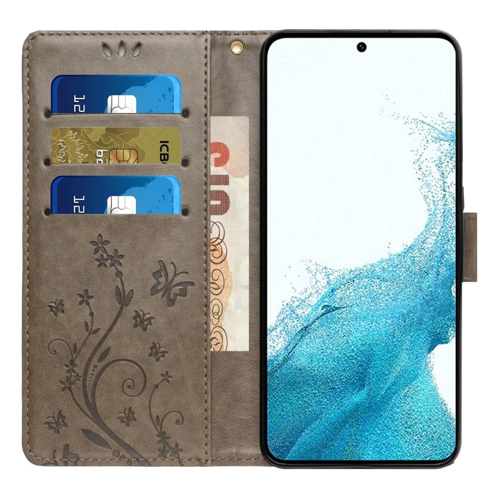 Samsung Galaxy S23 Leather Cover Imprinted Butterflies Grey