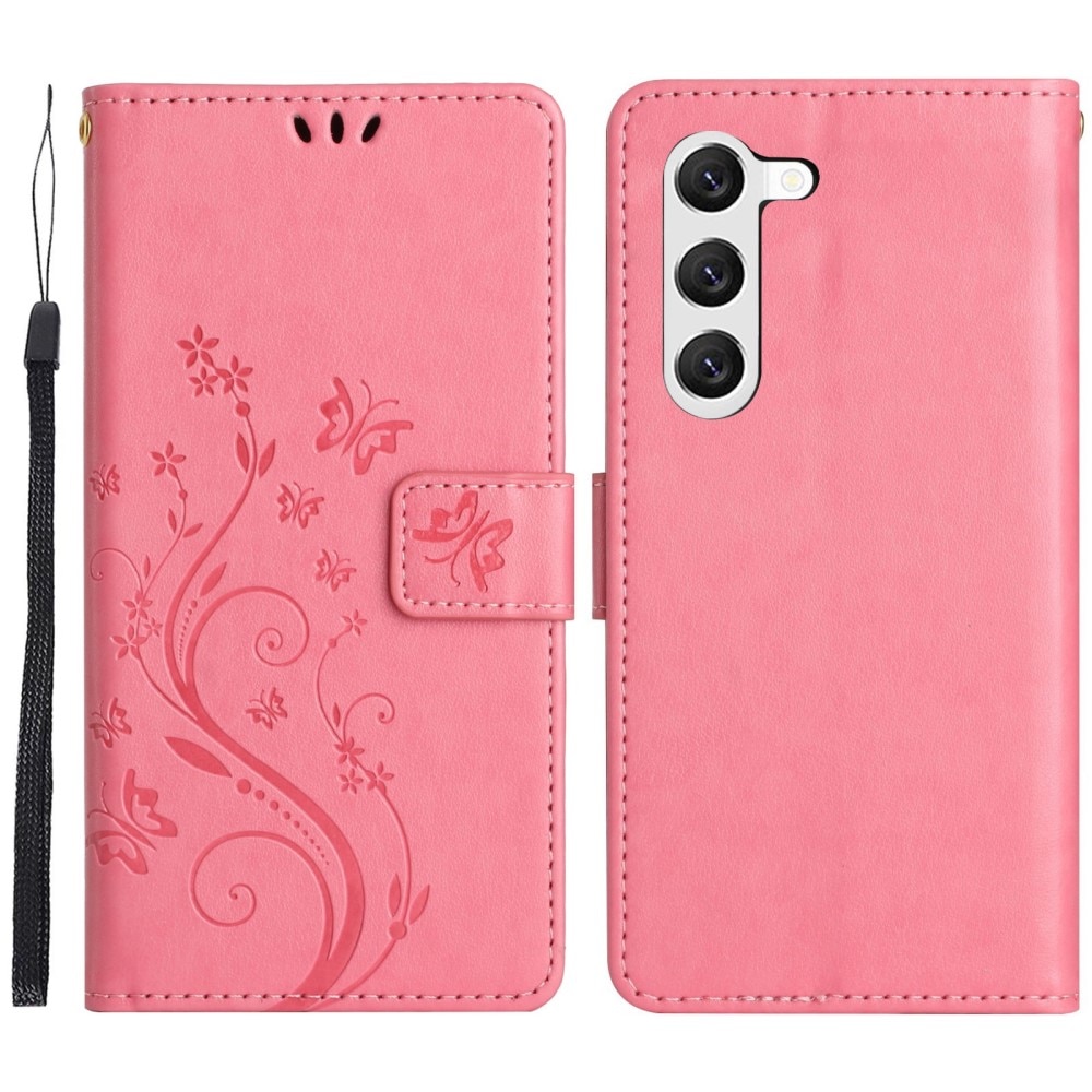 Samsung Galaxy S23 Leather Cover Imprinted Butterflies Pink