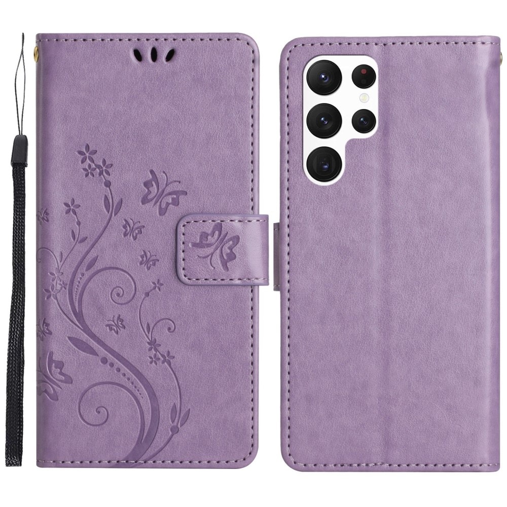 Samsung Galaxy S23 Ultra Leather Cover Imprinted Butterflies Purple