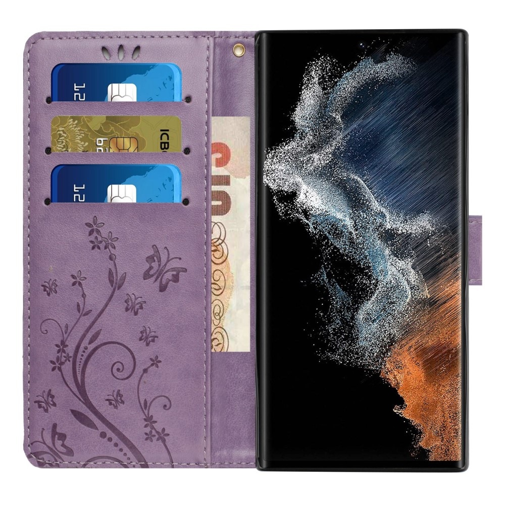 Samsung Galaxy S23 Ultra Leather Cover Imprinted Butterflies Purple