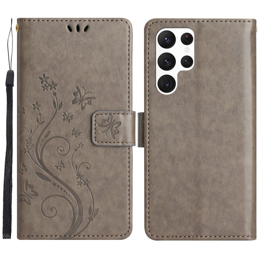 Samsung Galaxy S23 Ultra Leather Cover Imprinted Butterflies Grey