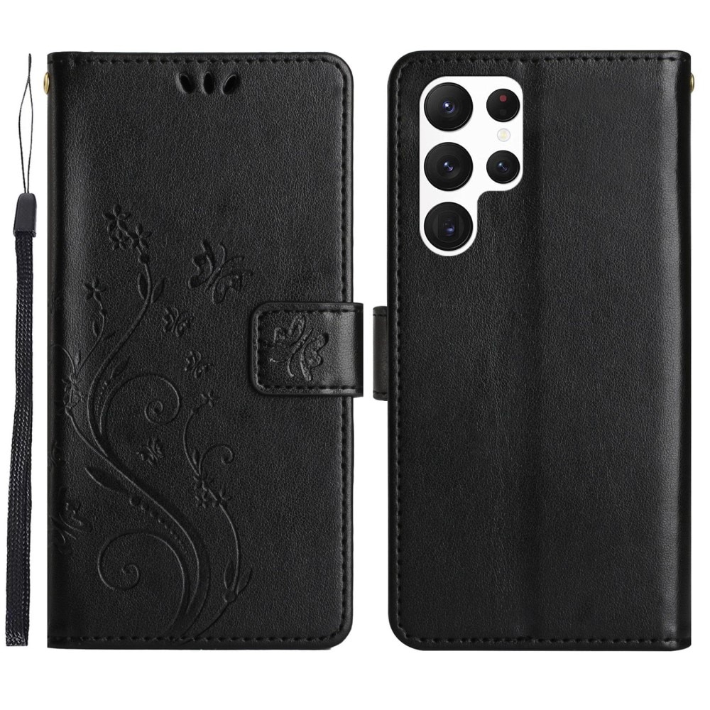 Samsung Galaxy S23 Ultra Leather Cover Imprinted Butterflies Black