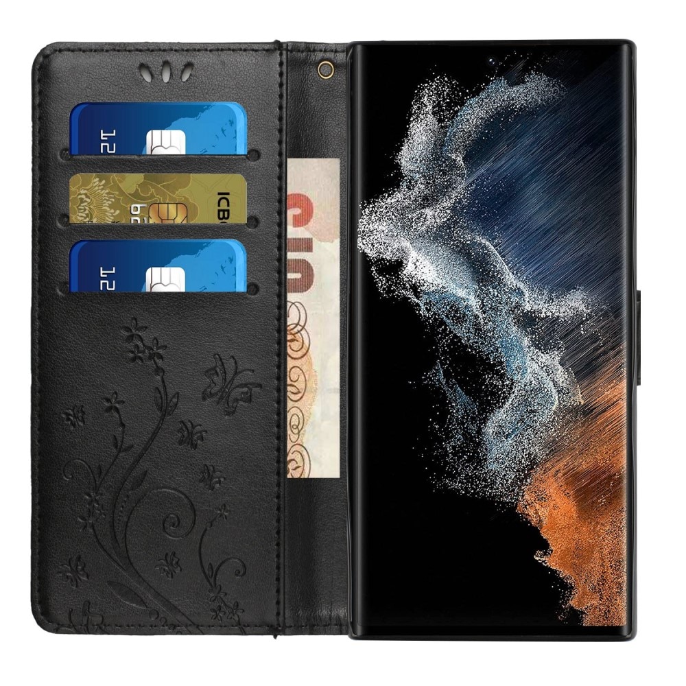 Samsung Galaxy S23 Ultra Leather Cover Imprinted Butterflies Black